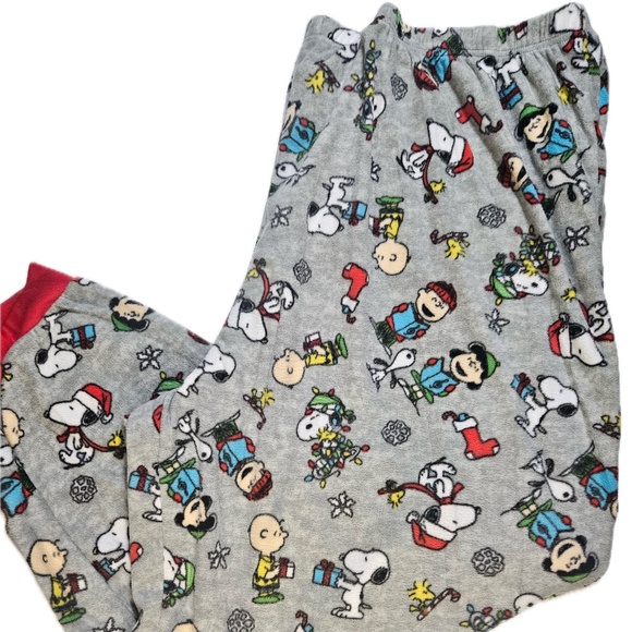 Peanuts Snoopy Charlie Brown Pajama Pants Mens 4XB Gray Fleece Christmas Lounge - Picture 1 of 7